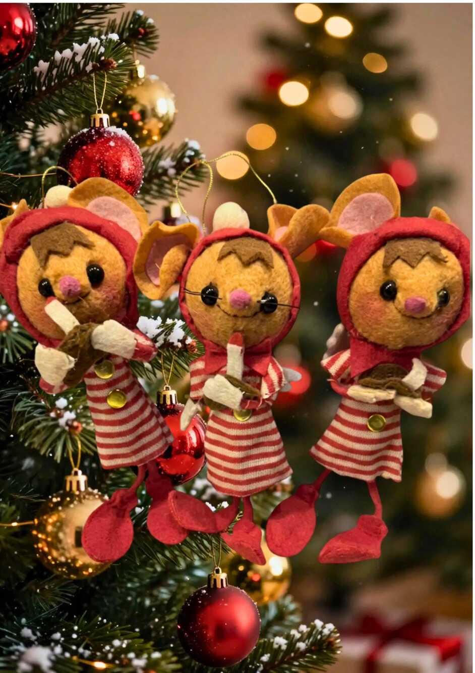 Vintage 1950s Felt Christmas Mice Ornaments Set of 3 – Angel Mice with Candles